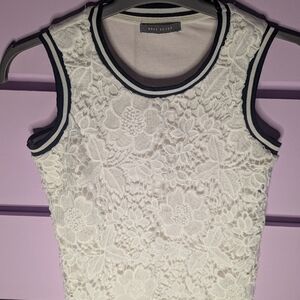 Suzy Shier White Floral Lace Tank with Navy Trim